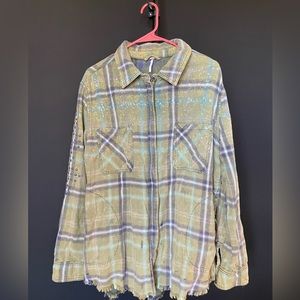Free People Studded Plaid Shirt Jacket M NWOT